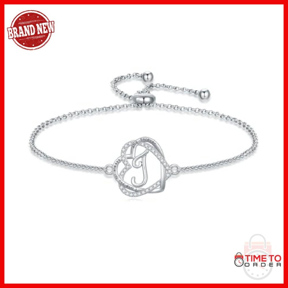 Sterling Silver Double Heart Initial Bracelet Adj… - image 2